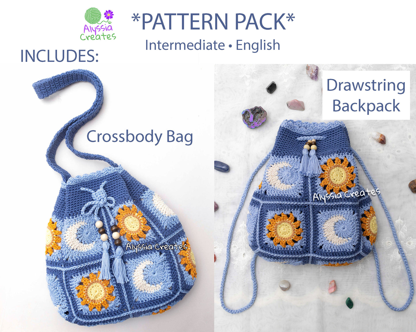 PDF PATTERN PACK - Crochet Sun & Moon Drawstring Backpack and Crossbody Bag - Intermediate (English)