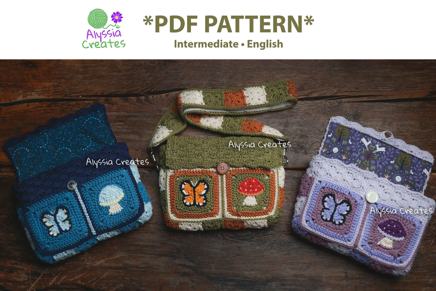 Butterfly and Mushroom Book Sleeve Bag Crochet PDF PATTERN - Intermediate (English)
