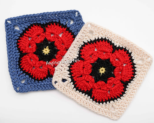 Poppy Flower Granny Square Crochet PDF PATTERN  (English)