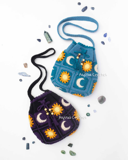 Sun and Moon Drawstring Crossbody Bag Crochet PDF PATTERN - Intermediate (English)