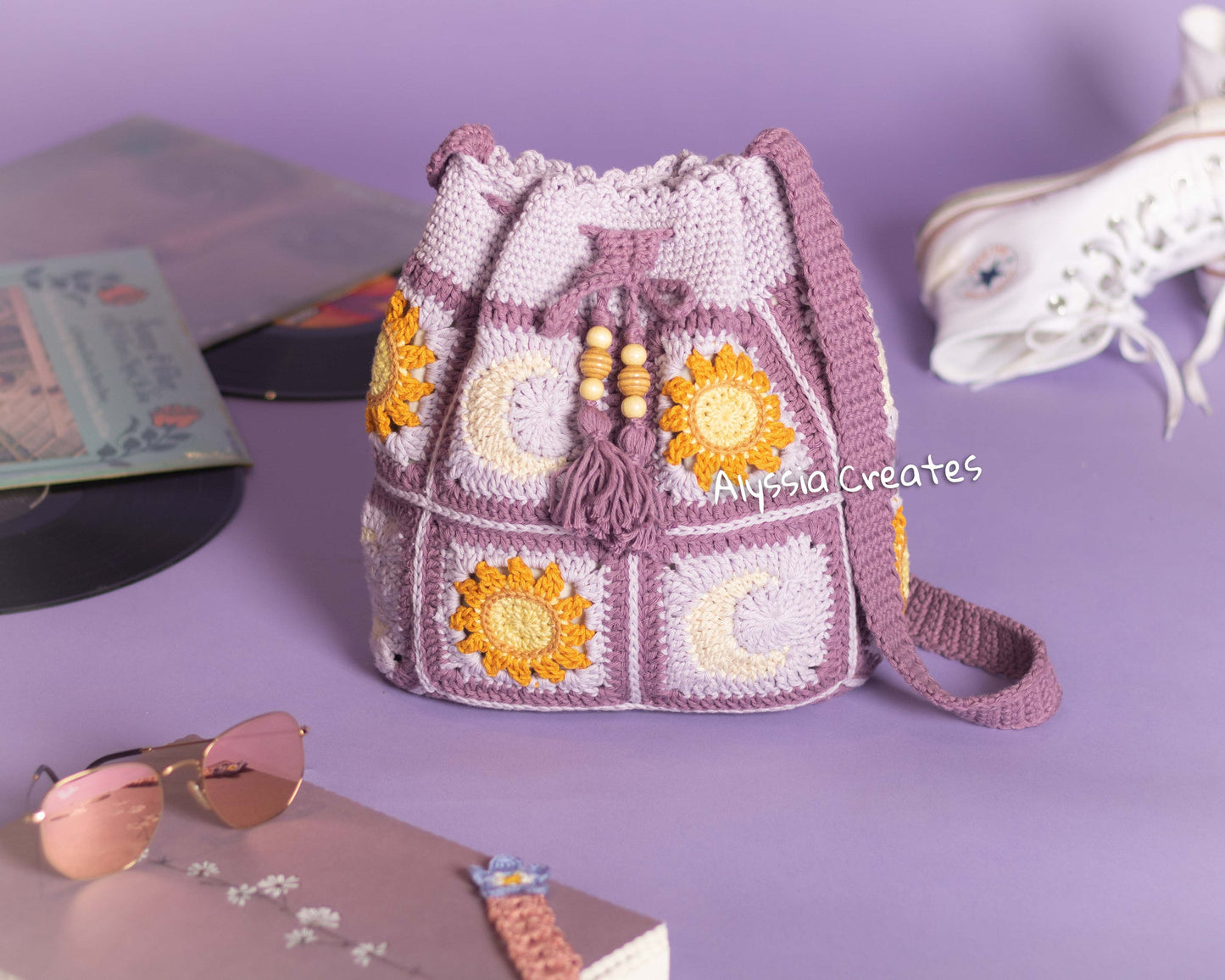 Sun and Moon Drawstring Crossbody Bag Crochet PDF PATTERN - Intermediate (English)