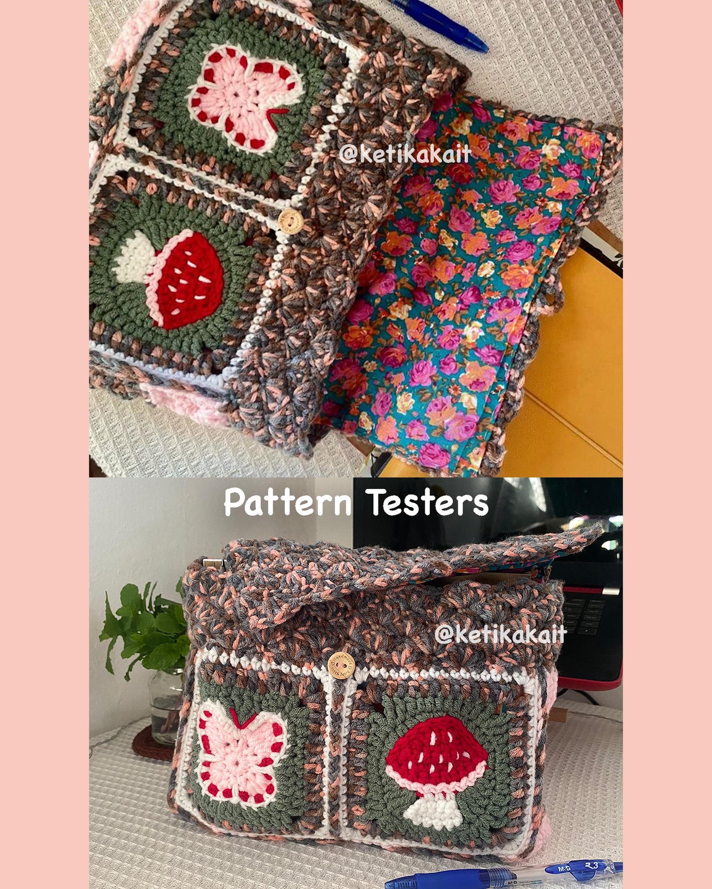 Butterfly and Mushroom Book Sleeve Bag Crochet PDF PATTERN - Intermediate (English)