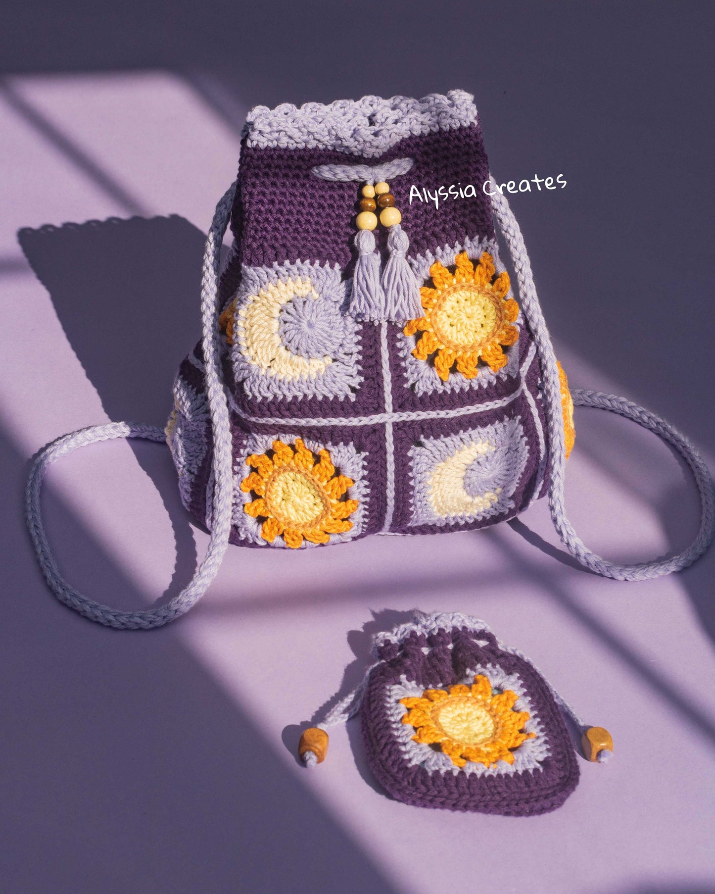 PDF PATTERN PACK - Crochet Sun & Moon Drawstring Backpack and Crossbody Bag - Intermediate (English)