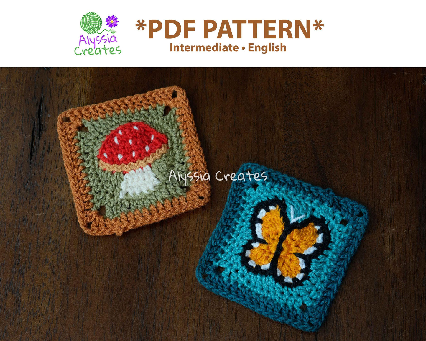 Mushroom and Butterfly Granny Square Crochet PDF PATTERN Pack (English)