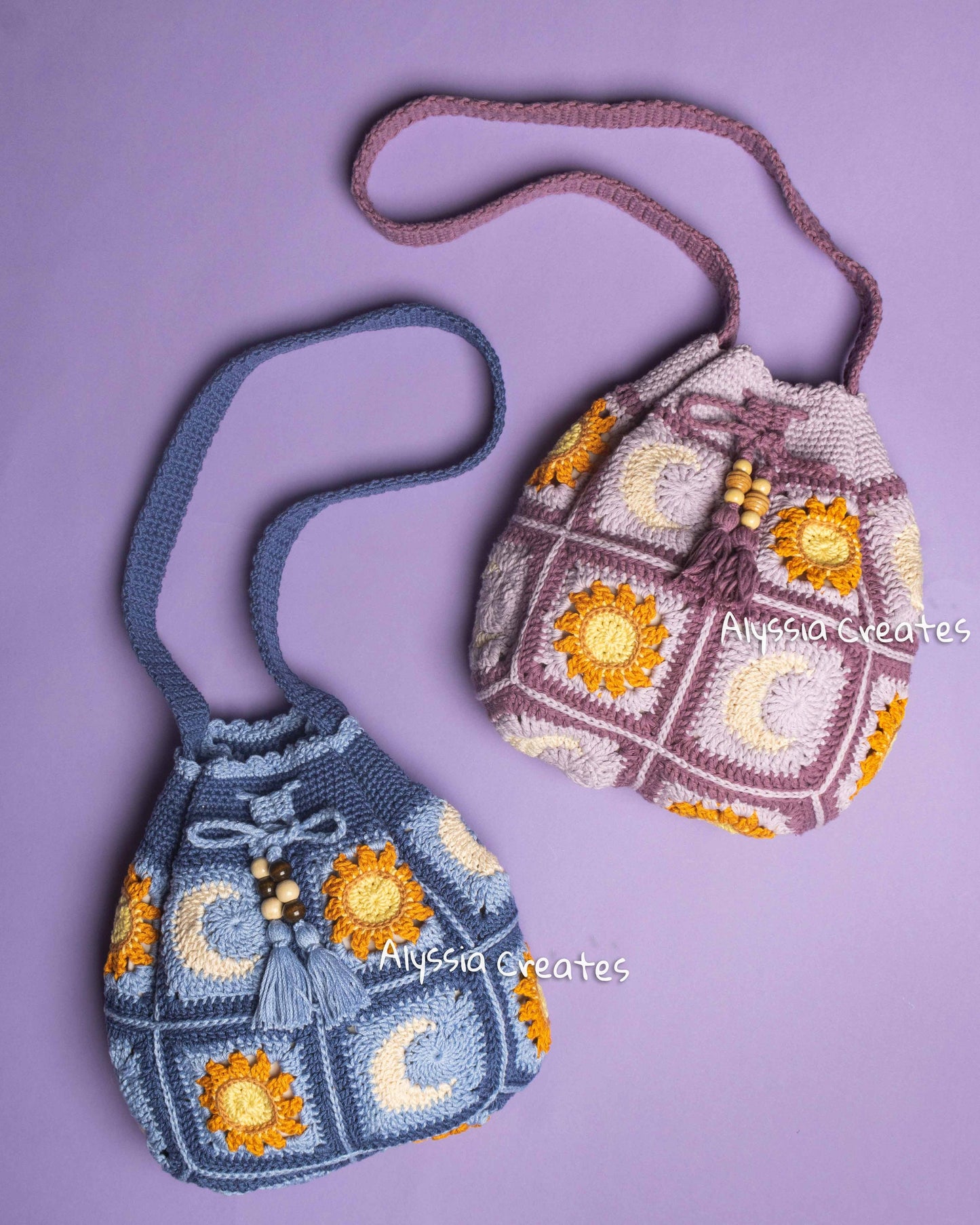 Sun and Moon Drawstring Crossbody Bag Crochet PDF PATTERN - Intermediate (English)