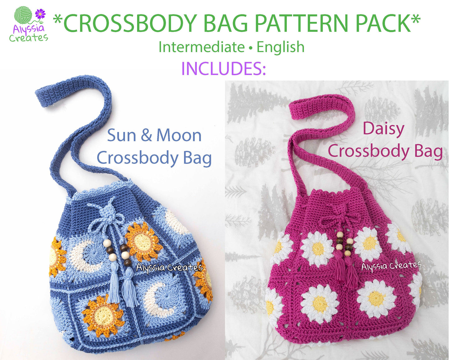 Daisy & Sun/Moon Drawstring Crossbody Bag Crochet PDF PATTERN PACK - Intermediate (English)
