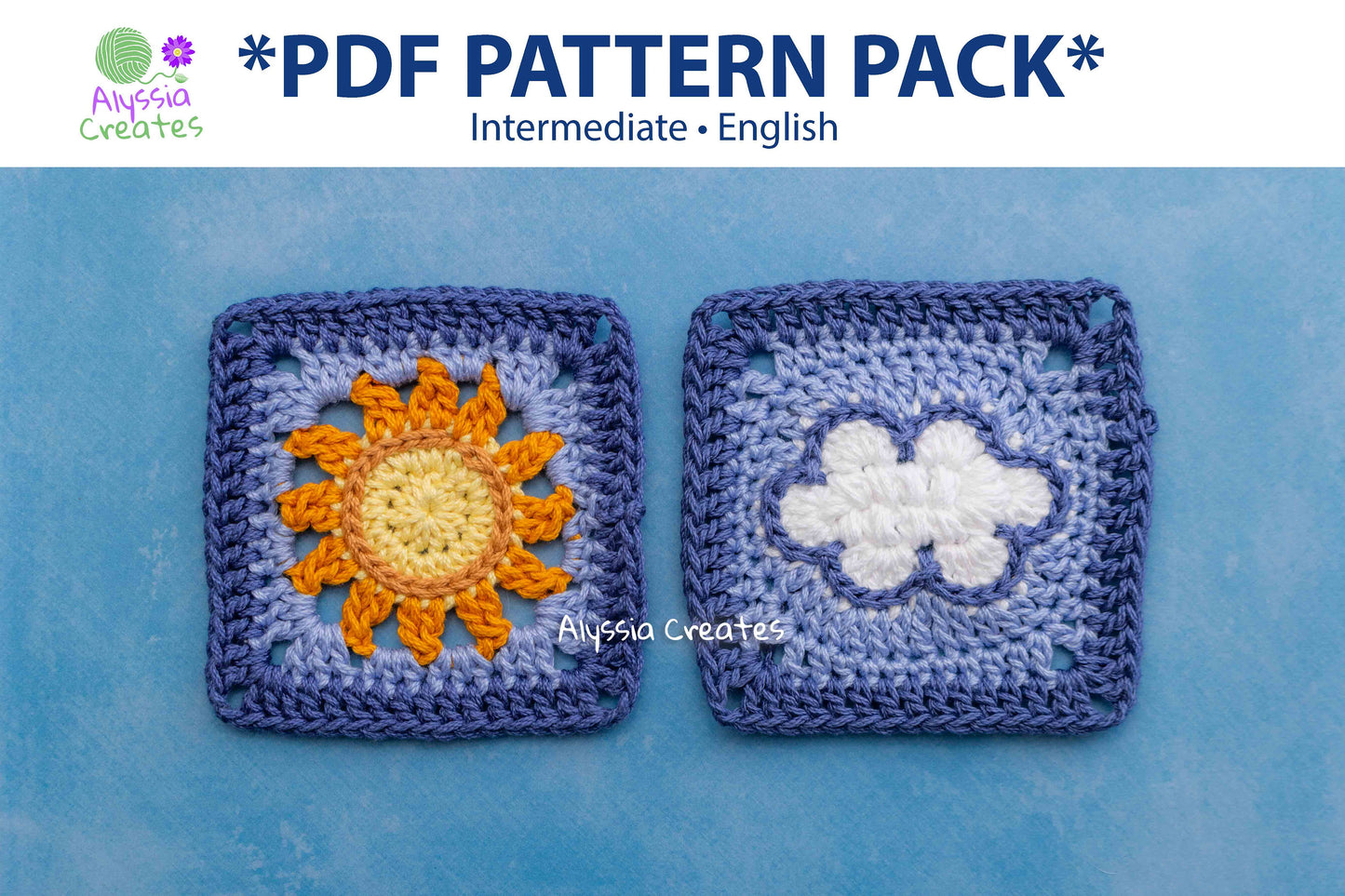 Sun and Cloud Granny Square Crochet PDF PATTERN Pack (English)