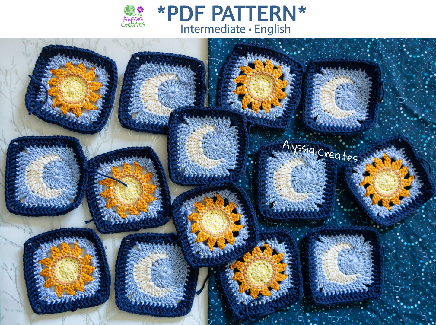 Sun and Moon Granny Square Crochet PDF PATTERN (English)