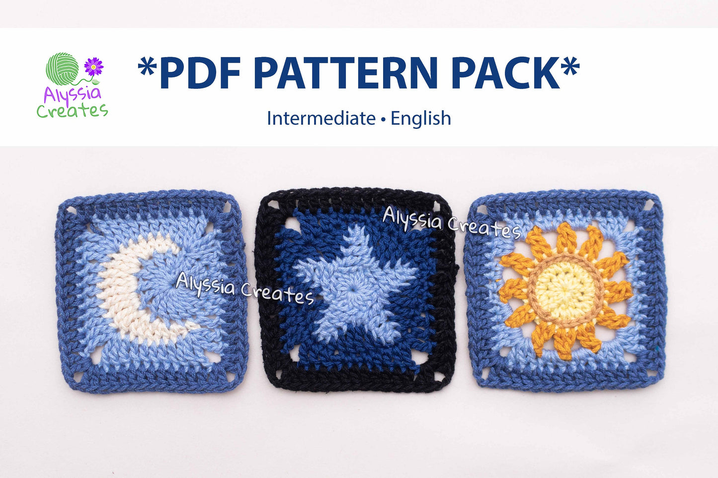 Sun, Moon and Star Granny Square Crochet PDF PATTERN Pack (English)