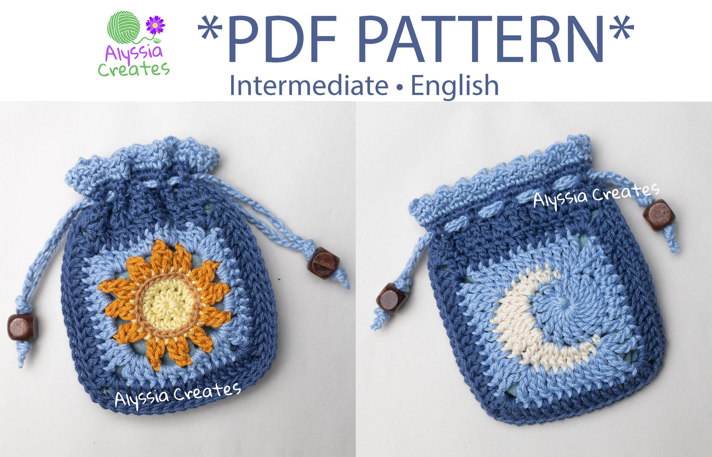 Sun and Moon Drawstring Pouch Crochet PDF PATTERN - Intermediate (English)