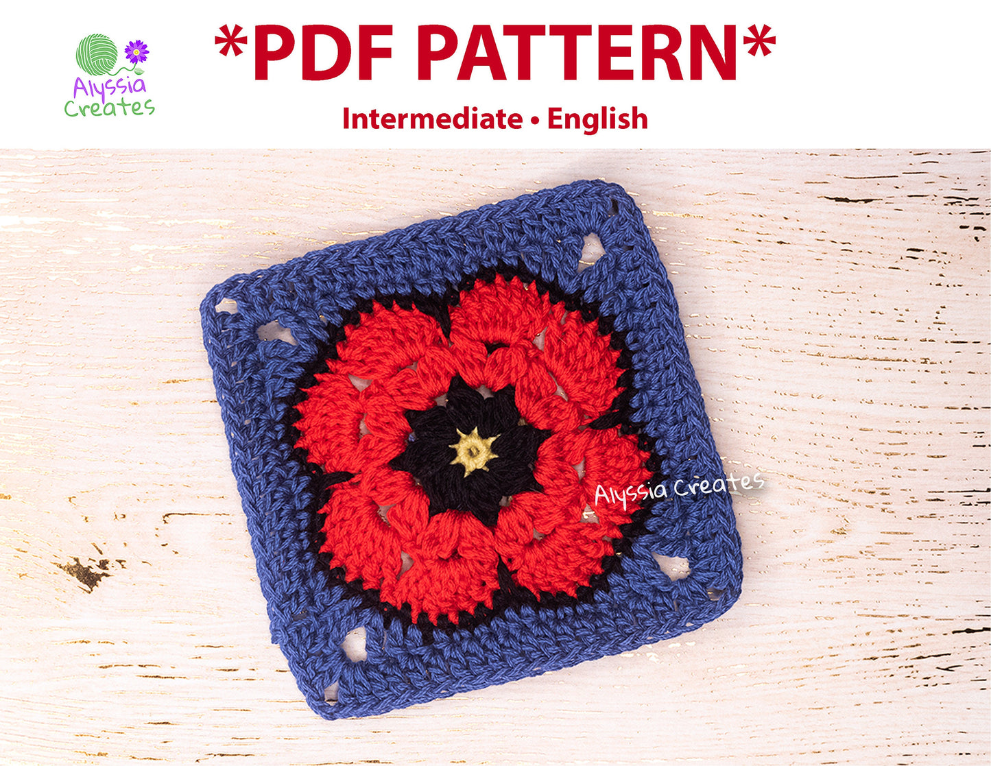 Poppy Flower Granny Square Crochet PDF PATTERN (English)