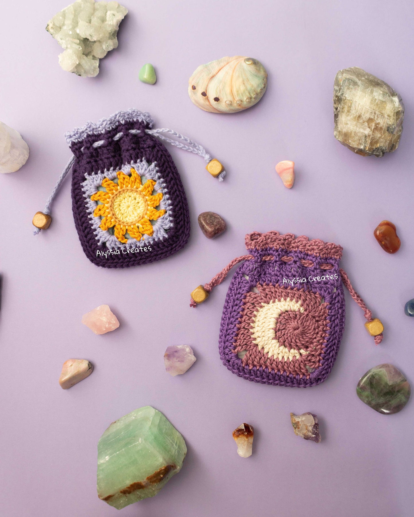 Sun and Moon Drawstring Pouch Crochet PDF PATTERN - Intermediate (English)
