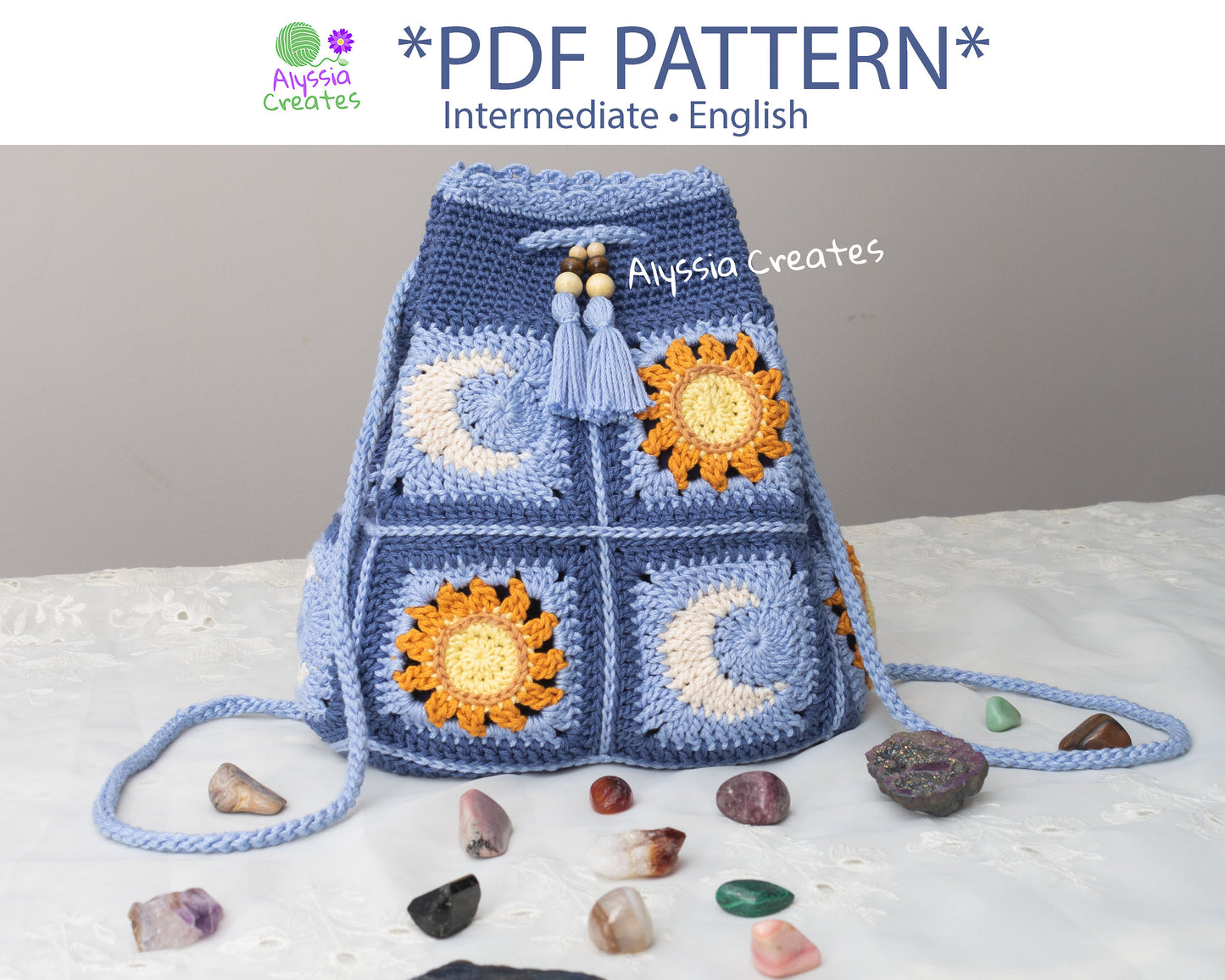 Sun and Moon Drawstring Backpack Crochet PDF PATTERN - Intermediate (English)