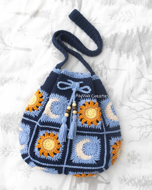 Daisy & Sun/Moon Drawstring Crossbody Bag Crochet PDF PATTERN PACK - Intermediate (English)