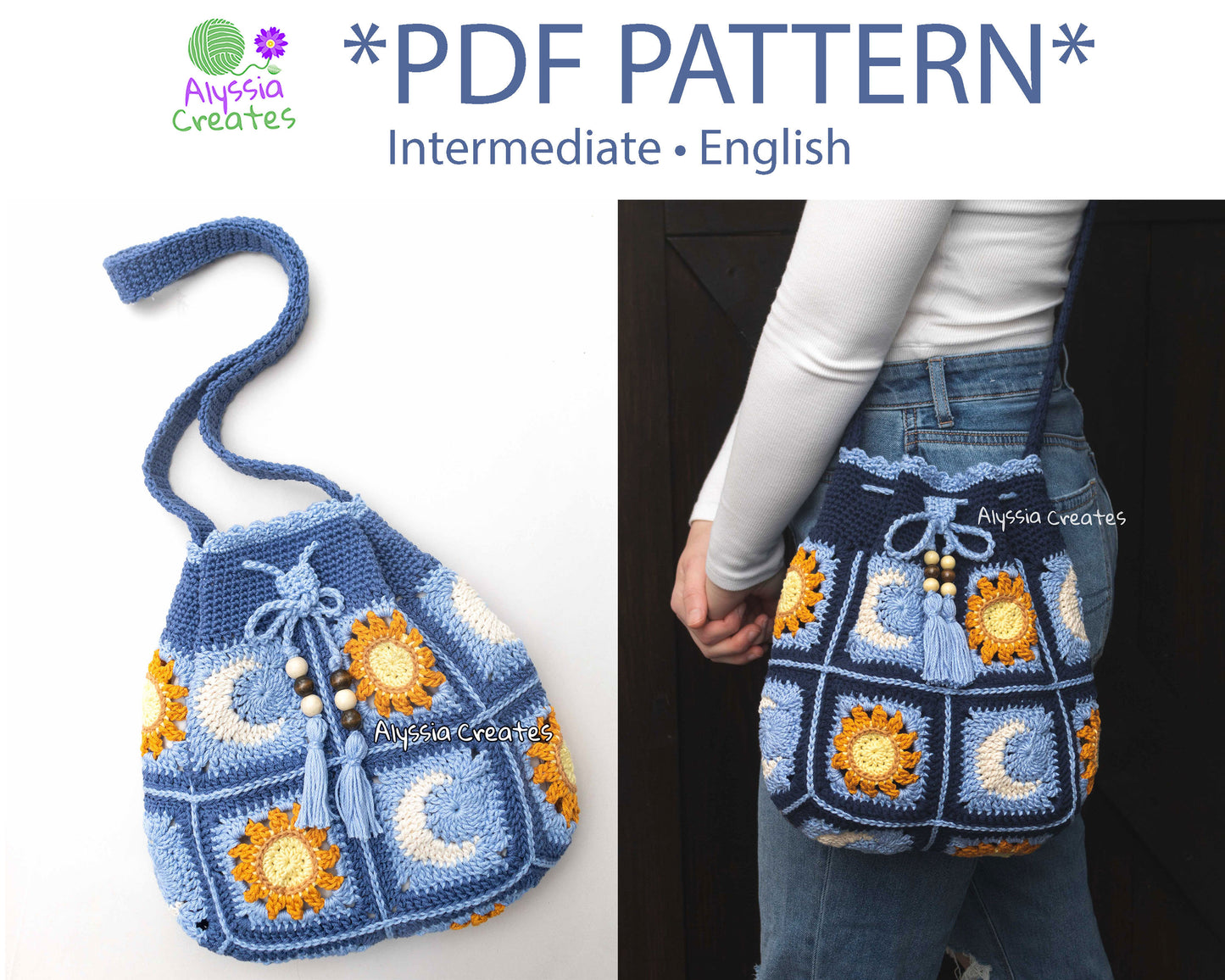 Sun and Moon Drawstring Crossbody Bag Crochet PDF PATTERN - Intermediate (English)