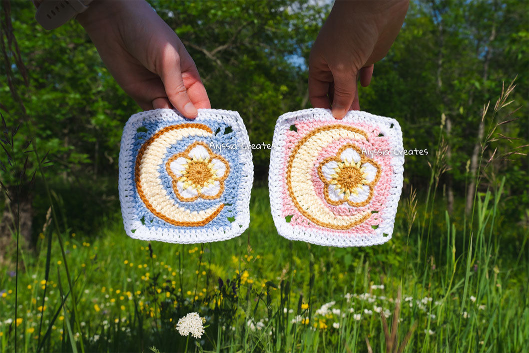 Flower with Crescent Moon Combination Granny Square Crochet PDF PATTERN (English)