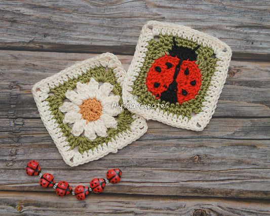 Ladybug and Daisy Granny Squares Crochet PDF PATTERN PACK - Intermediate (English)