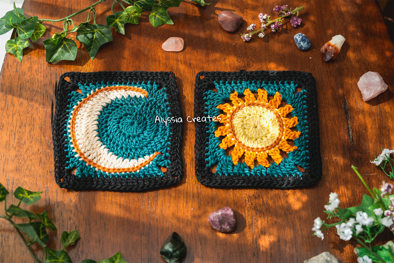 Large Sun and Moon Granny Square Crochet PDF PATTERN Pack (English)