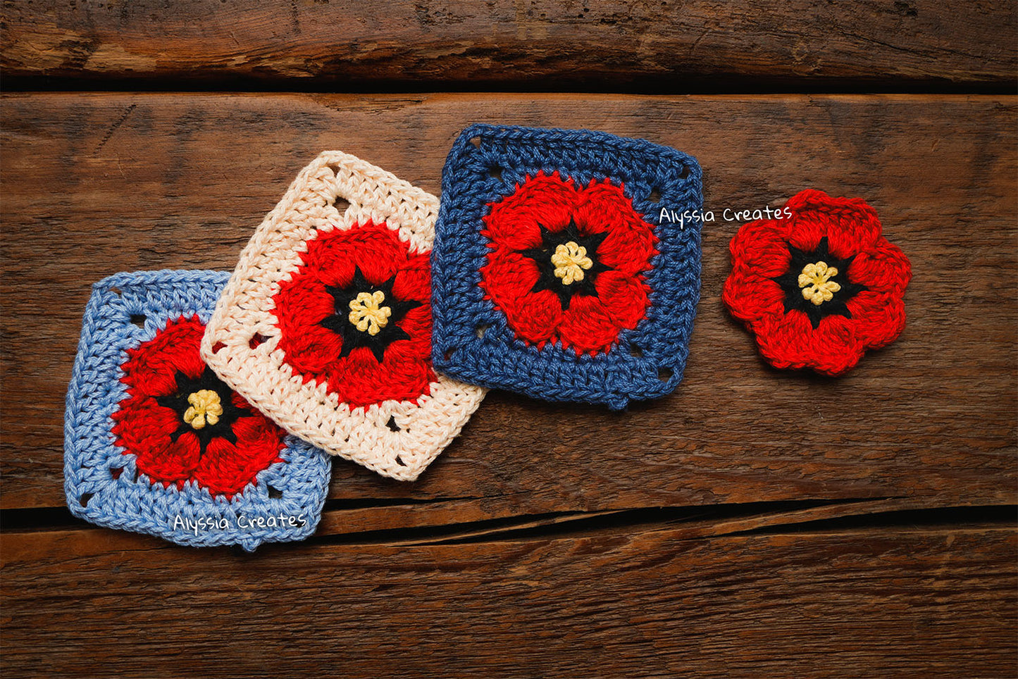 Small Poppy Flower Granny Square Crochet PDF PATTERN (English)