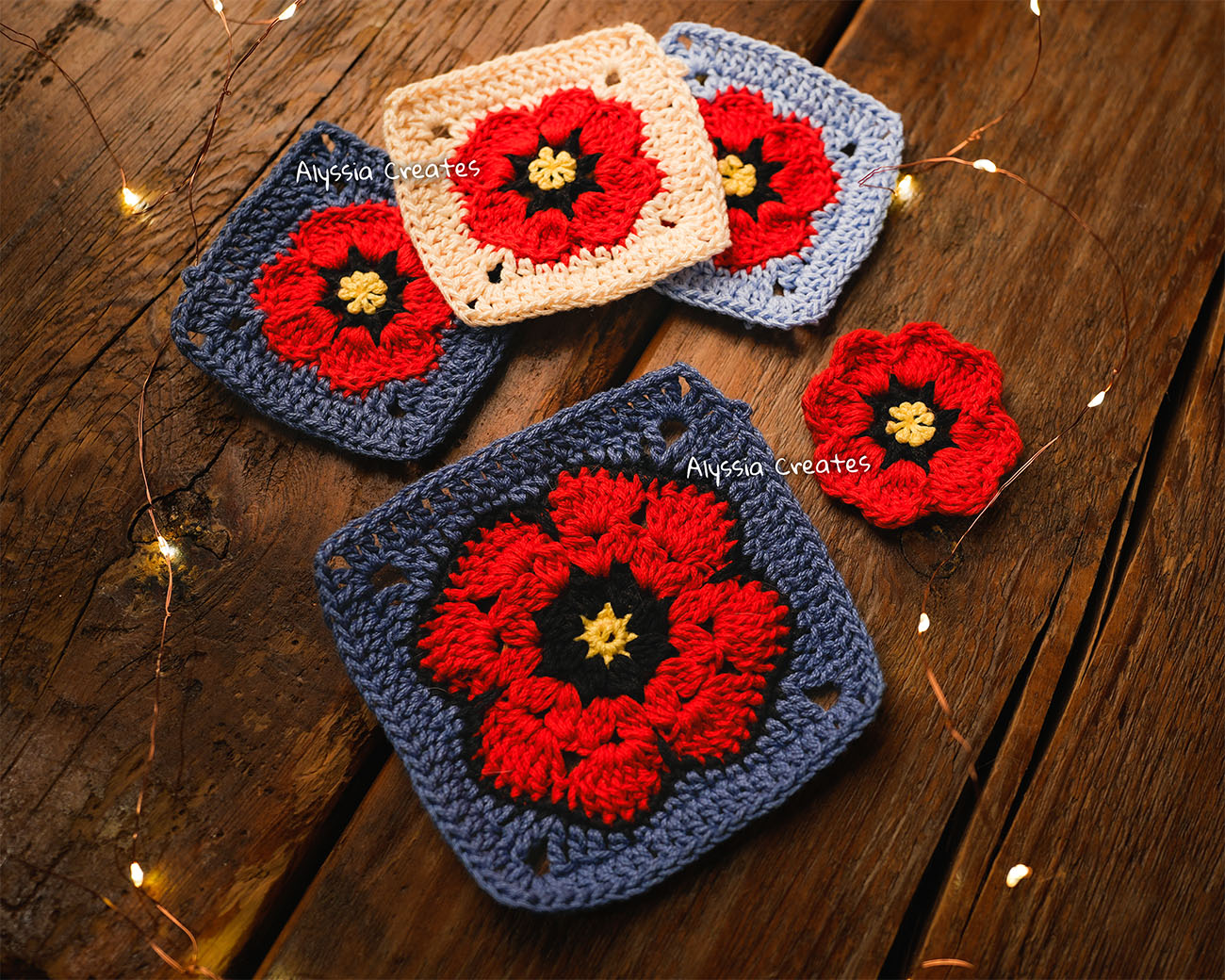 Small and Large Poppy Flower Granny Square Crochet PDF PATTERN (English)