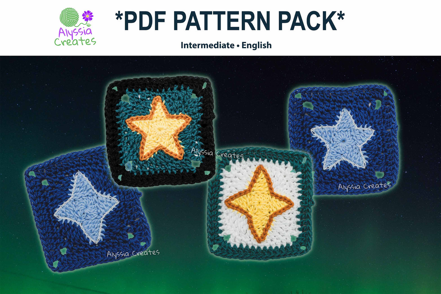 Star and Sparkle Granny Square Crochet PDF PATTERN Pack (English)