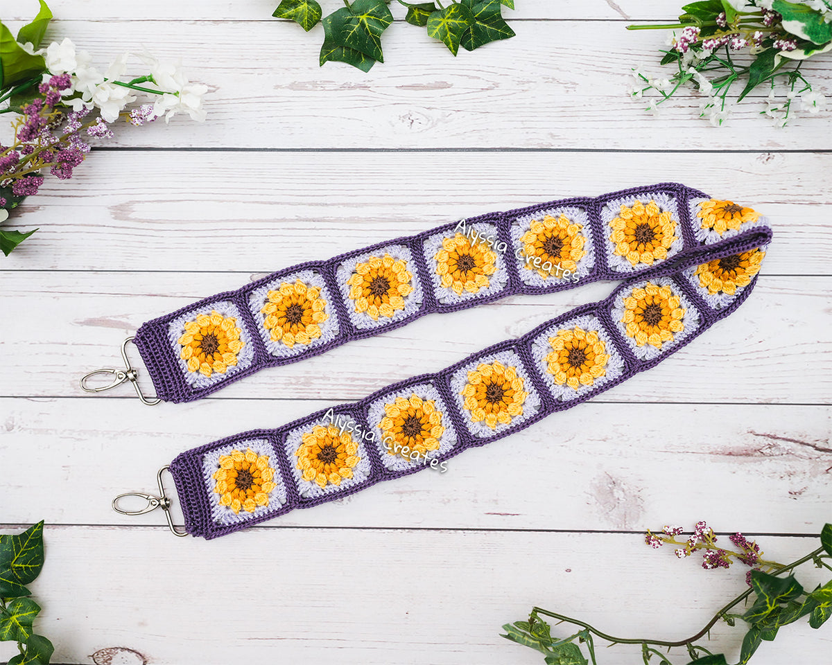 Crochet Sunflower Granny Square Strap PDF PATTERN (Bag, Camera, Binocular strap etc.) | Intermediate