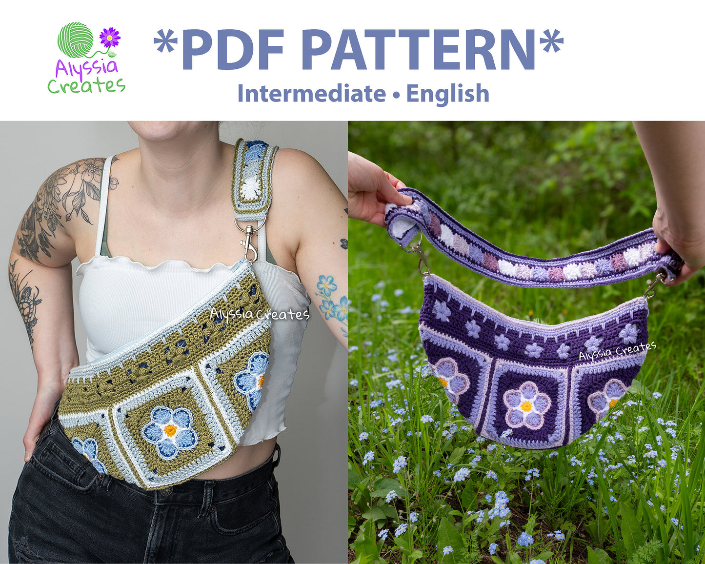 Forget Me Not Flower Bum Bag Crochet PDF PATTERN - Intermediate (English)