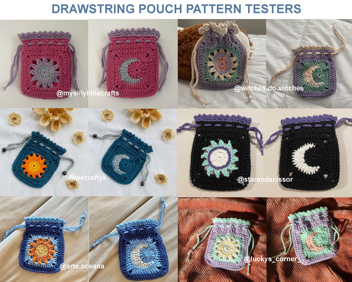 Sun and Moon Drawstring Pouch Crochet PDF PATTERN - Intermediate (English)