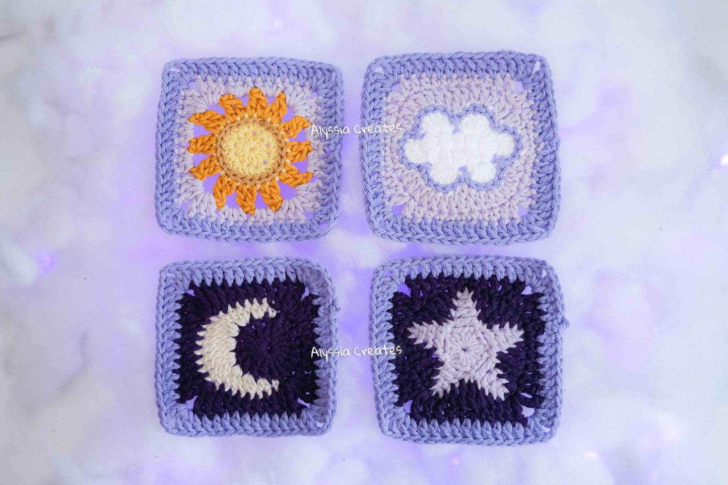 Sun, Moon, Cloud and Star Granny Square Crochet PDF PATTERN Pack (English)