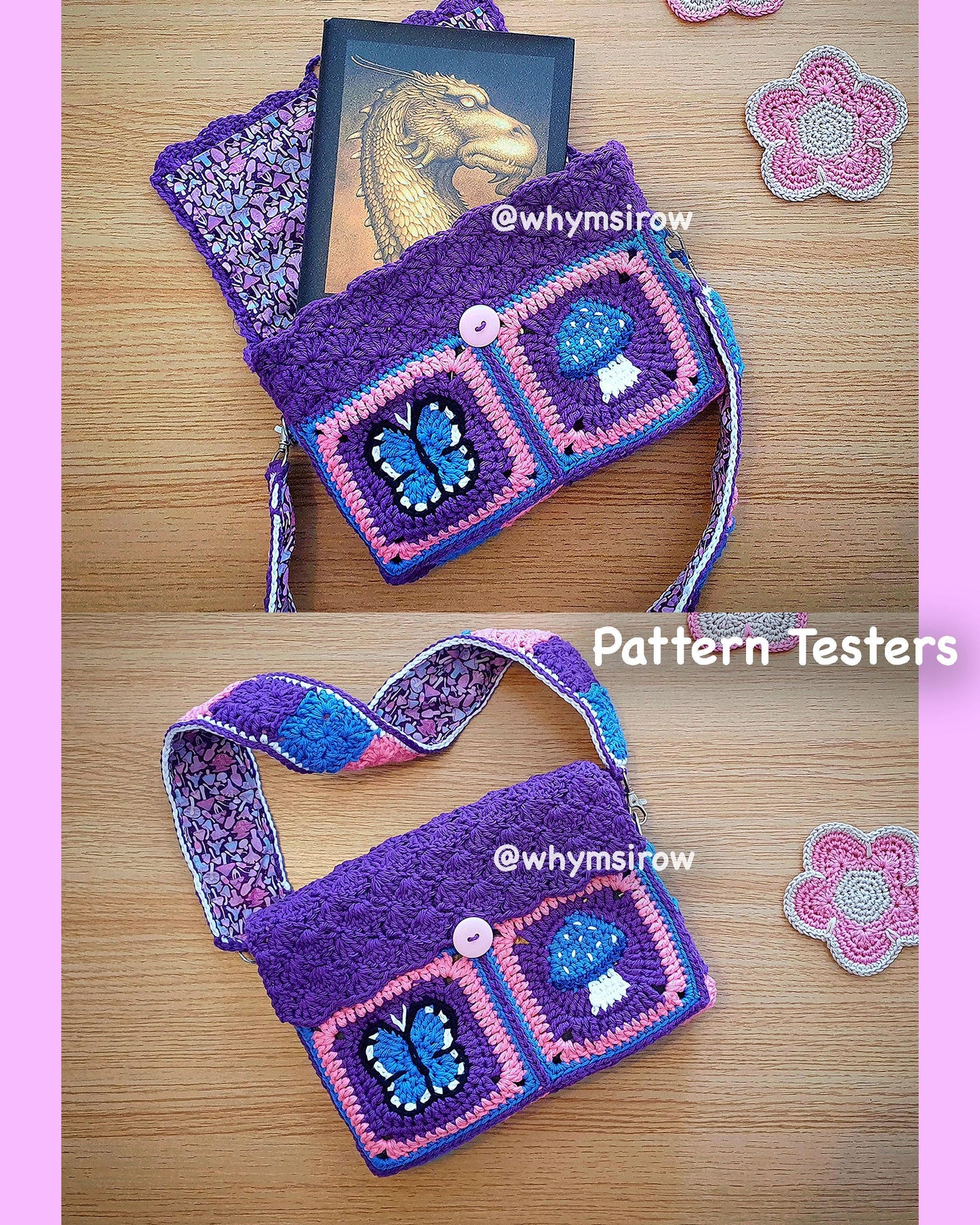 Butterfly and Mushroom Book Sleeve Bag Crochet PDF PATTERN - Intermediate (English)