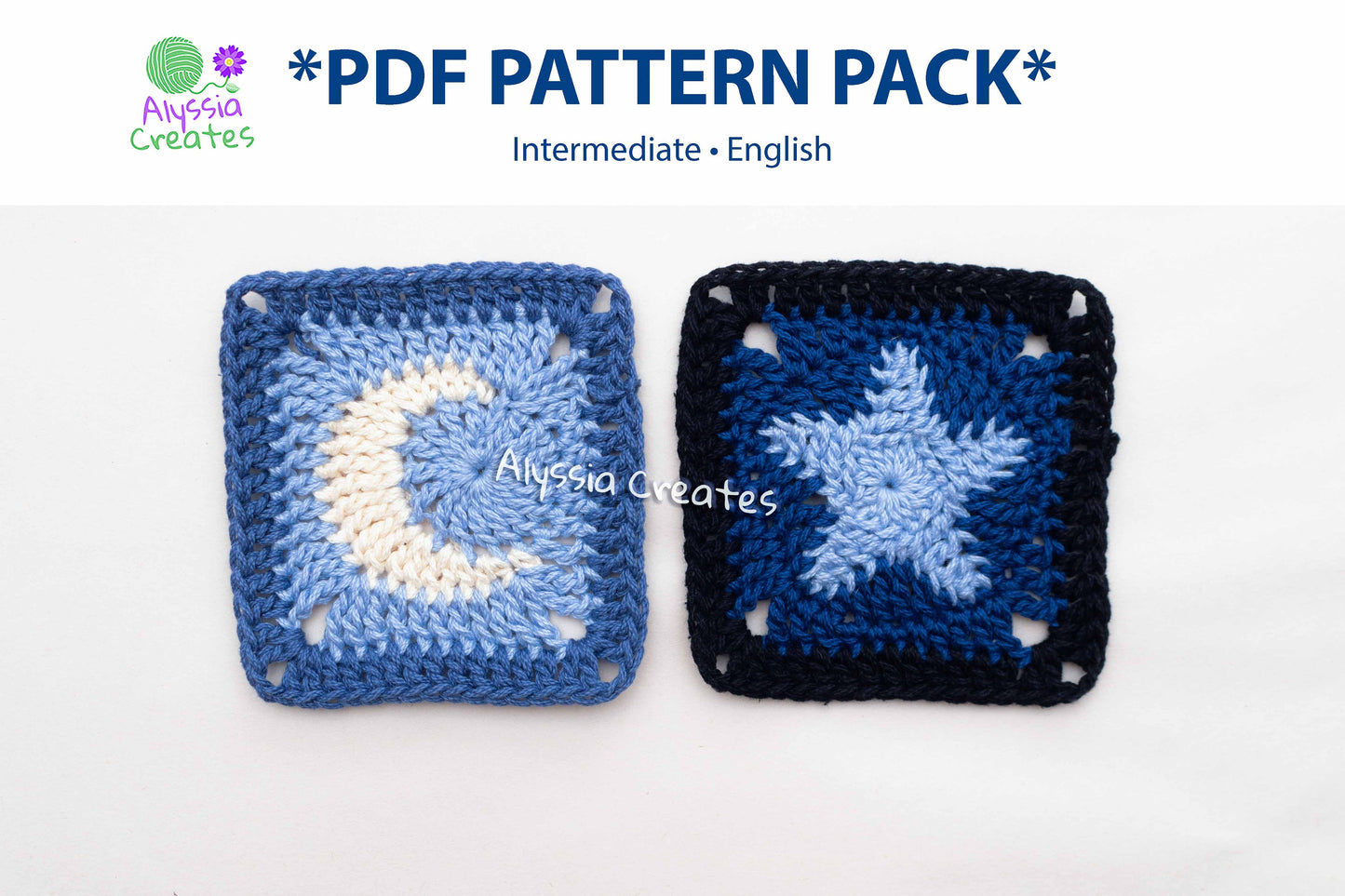 Moon and Star Granny Square Crochet PDF PATTERN Pack (English)