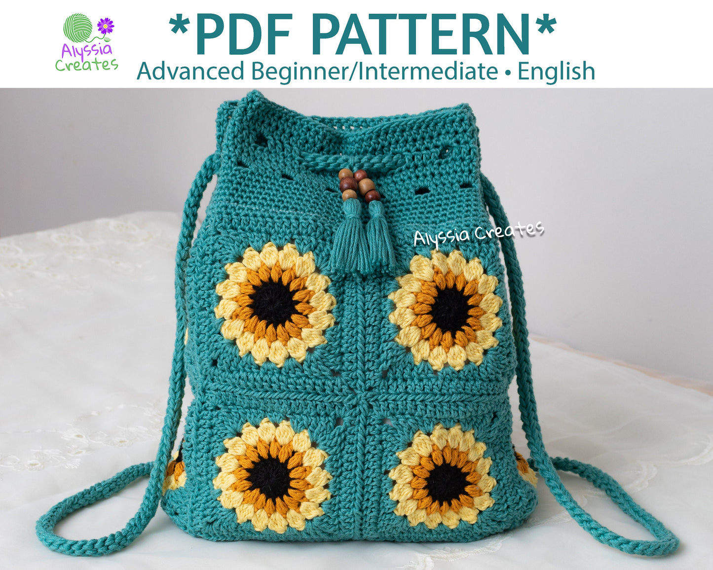 Sunflower Drawstring Backpack Crochet PDF PATTERN (English)
