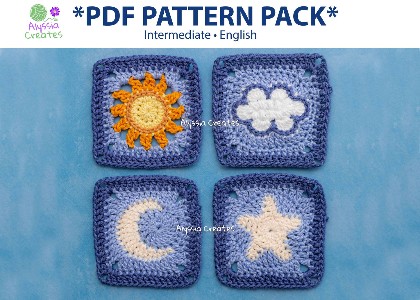 Sun, Moon, Cloud and Star Granny Square Crochet PDF PATTERN Pack (English)