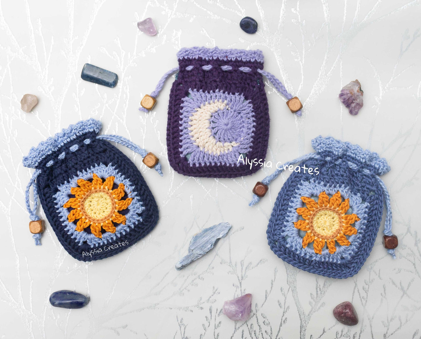 Sun and Moon Crochet PDF PATTERN PACK - includes: drawstring backpack, drawstring pouch and tote bag - Intermediate (English)