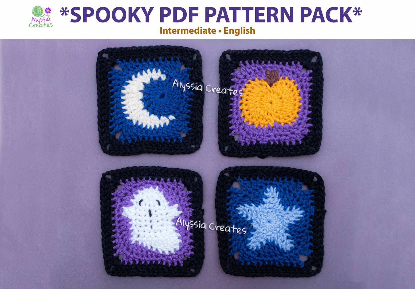 Spooky Crochet Granny Square PDF Pattern Pack - Ghost - Pumpkin - Moon - Star (English)