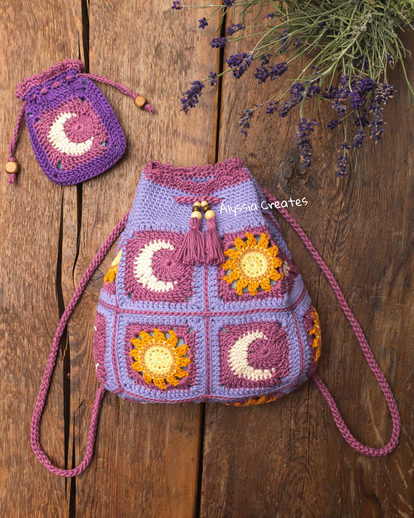 PDF PATTERN PACK - Crochet Sun & Moon Drawstring Backpack and Crossbody Bag - Intermediate (English)