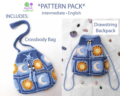 PDF PATTERN PACK - Crochet Sun & Moon Drawstring Backpack and Crossbody Bag - Intermediate (English)
