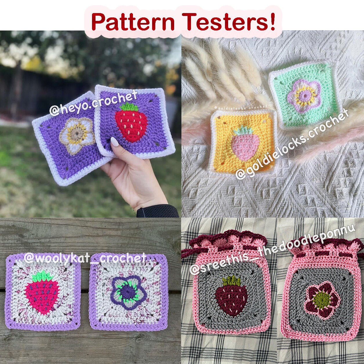 Strawberry Themed Granny Squares Crochet PDF PATTERN PACK (English)