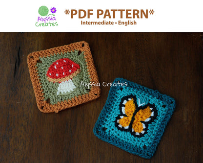 Mushroom and Butterfly Granny Square Crochet PDF PATTERN Pack (English)