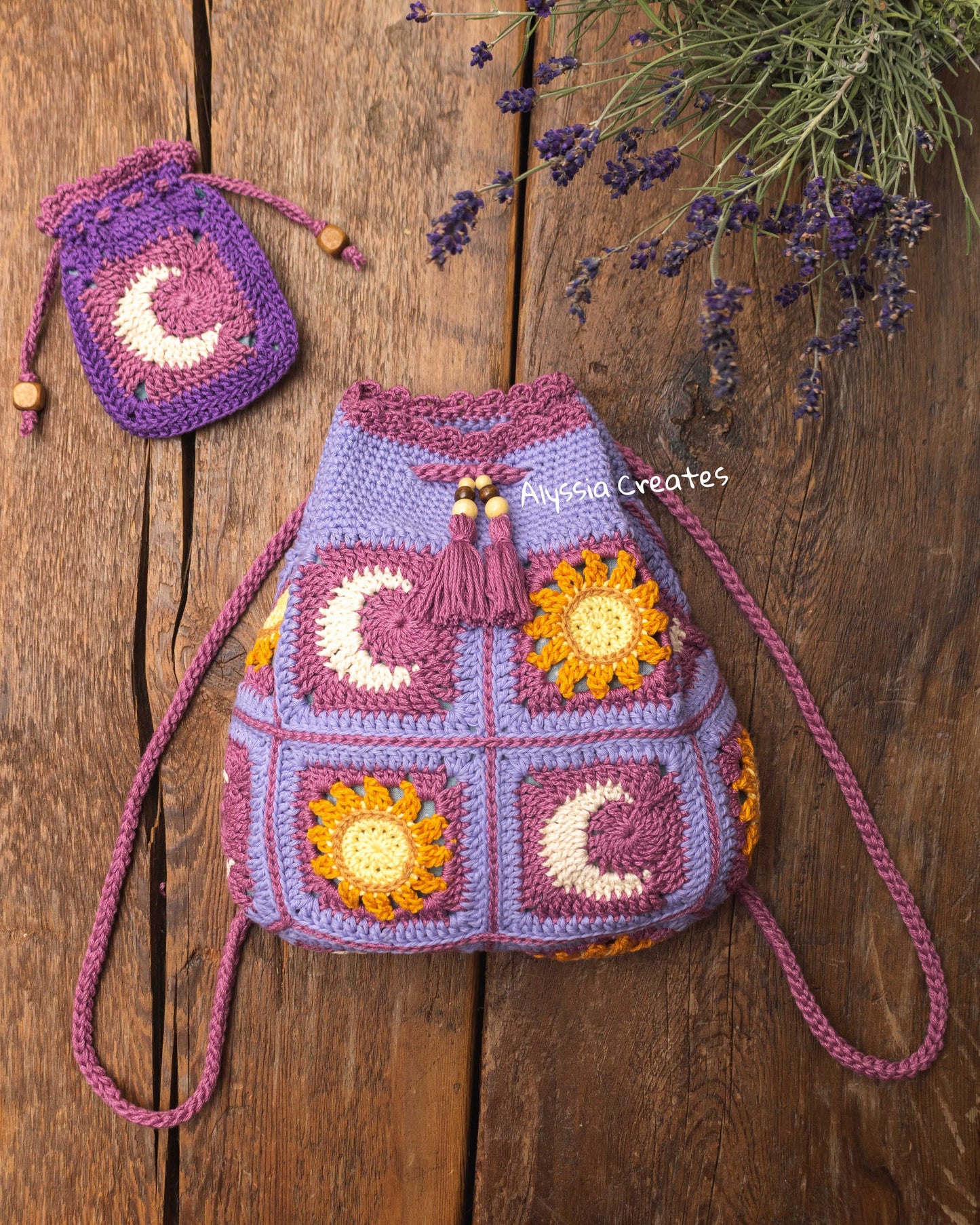 Sun and Moon Drawstring Backpack Crochet PDF PATTERN - Intermediate (English)