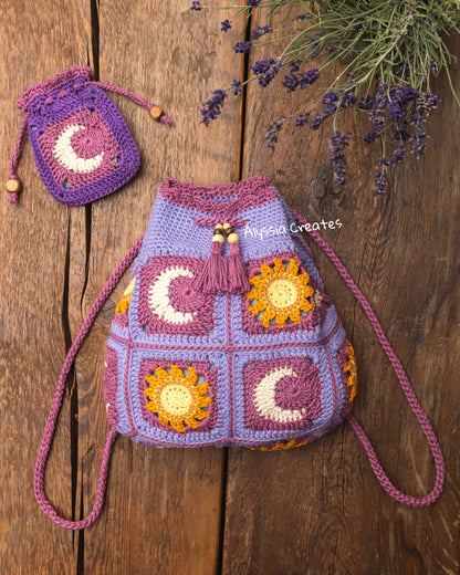 Sun and Moon Drawstring Backpack Crochet PDF PATTERN - Intermediate (English)