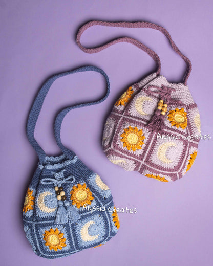 Sun and Moon Drawstring Crossbody Bag Crochet PDF PATTERN - Intermediate (English)