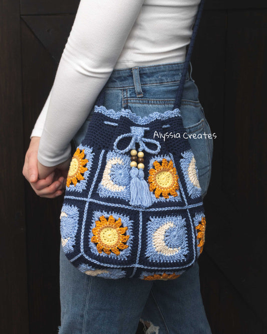 PDF PATTERN PACK - Crochet Sun & Moon Drawstring Backpack and Crossbody Bag - Intermediate (English)