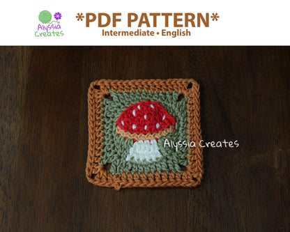 Mushroom Granny Square Crochet PDF PATTERN - Intermediate (English)