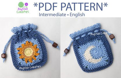 Sun and Moon Drawstring Pouch Crochet PDF PATTERN - Intermediate (English)