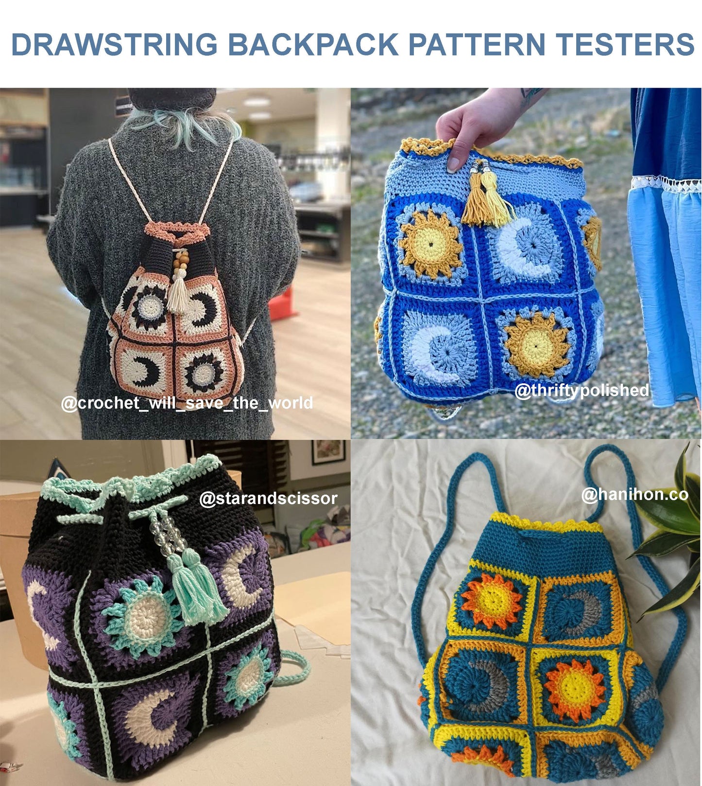 Sun and Moon Drawstring Backpack Crochet PDF PATTERN - Intermediate (English)
