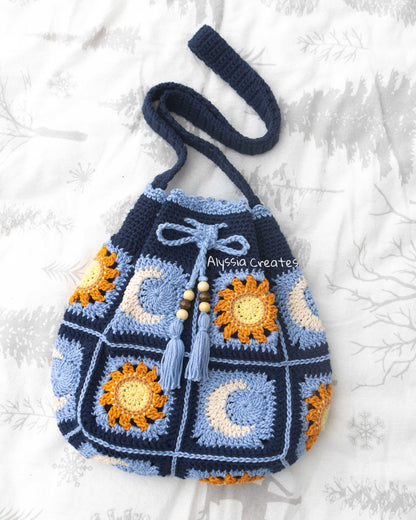 Sun and Moon Drawstring Crossbody Bag Crochet PDF PATTERN - Intermediate (English)