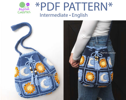 Sun and Moon Drawstring Crossbody Bag Crochet PDF PATTERN - Intermediate (English)