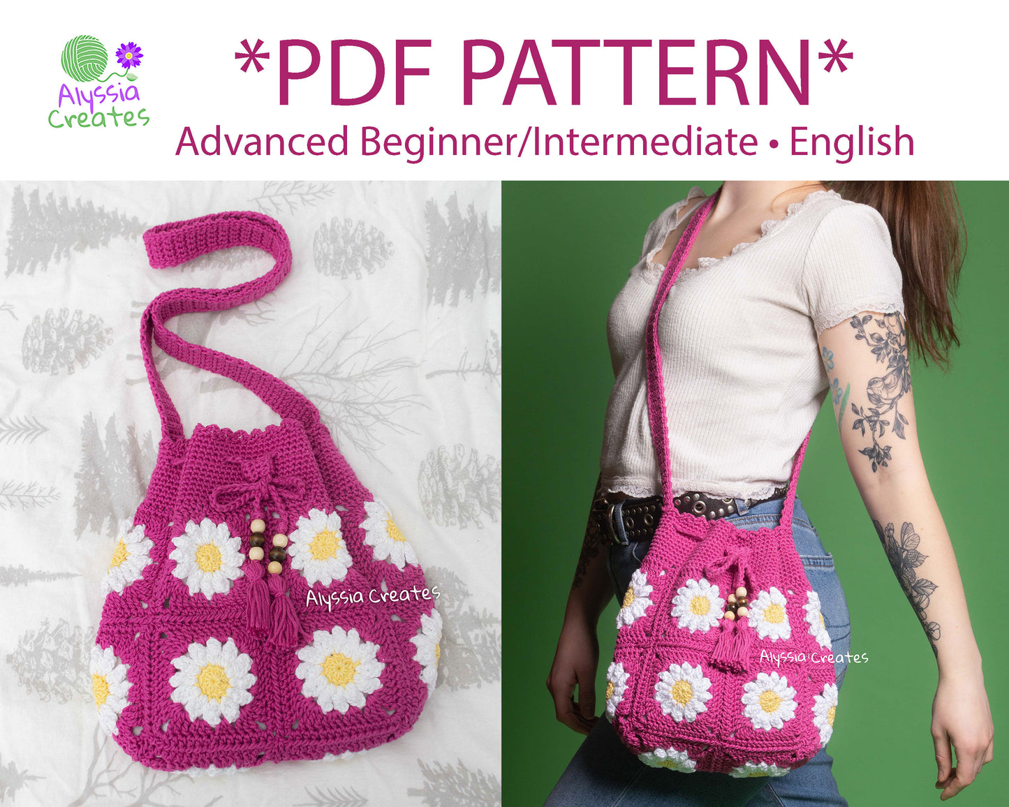 Daisy Crossbody Drawstring Bag Crochet PDF PATTERN - Advanced Beginner/Intermediate (English)