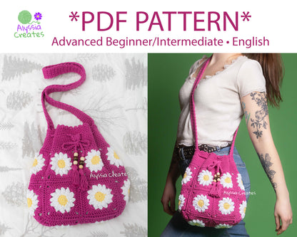Daisy Crossbody Drawstring Bag Crochet PDF PATTERN - Advanced Beginner/Intermediate (English)